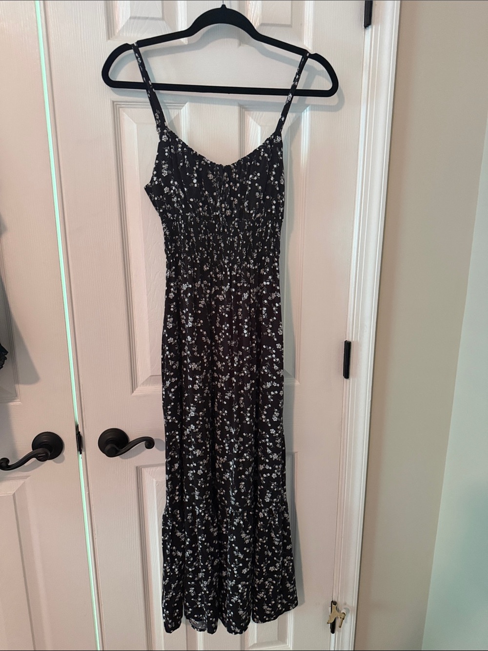Black Floral Maxi Dress with Smocked Bodice